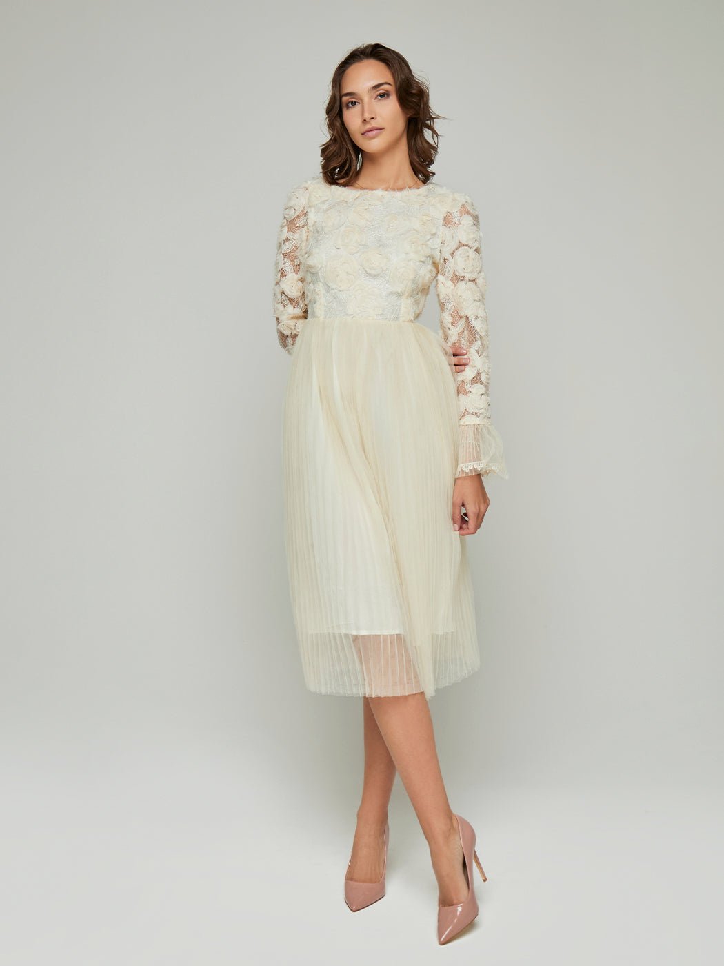 Gracia Lace Mesh Pleated Midi Dress - Glory Connection