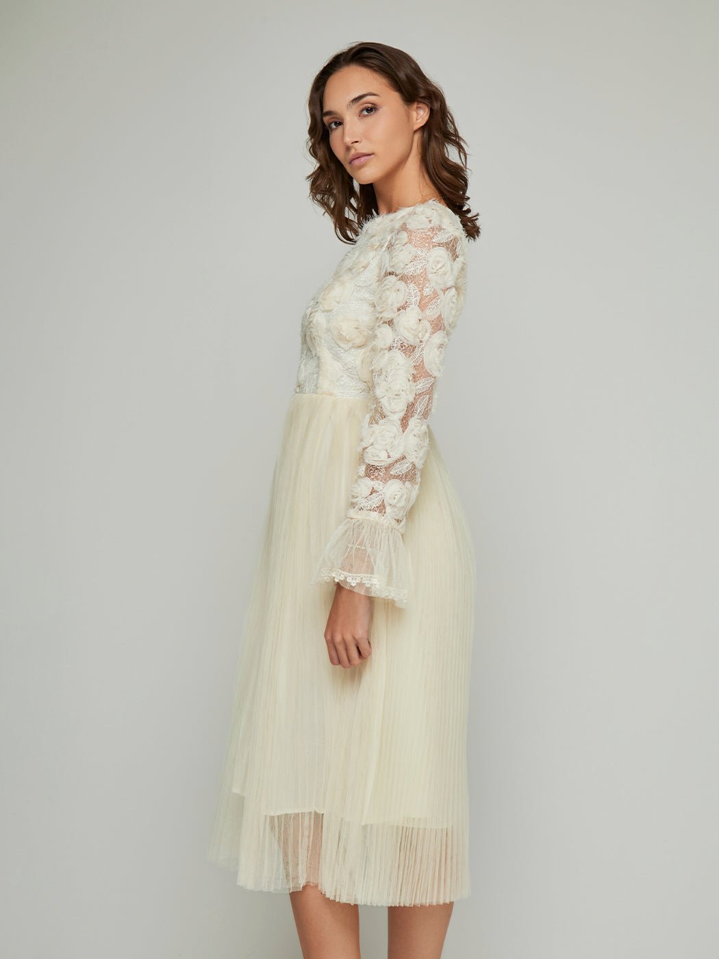 Gracia Lace Mesh Pleated Midi Dress - Glory Connection
