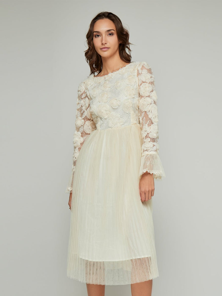 gracia midi dress Gracia Lace Mesh Pleated Midi Dress, Beige / XXL