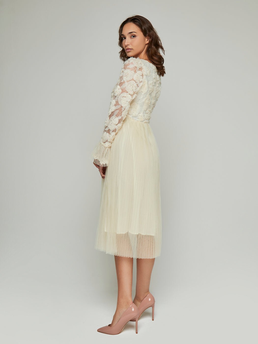 Gracia Lace Mesh Pleated Midi Dress - Glory Connection