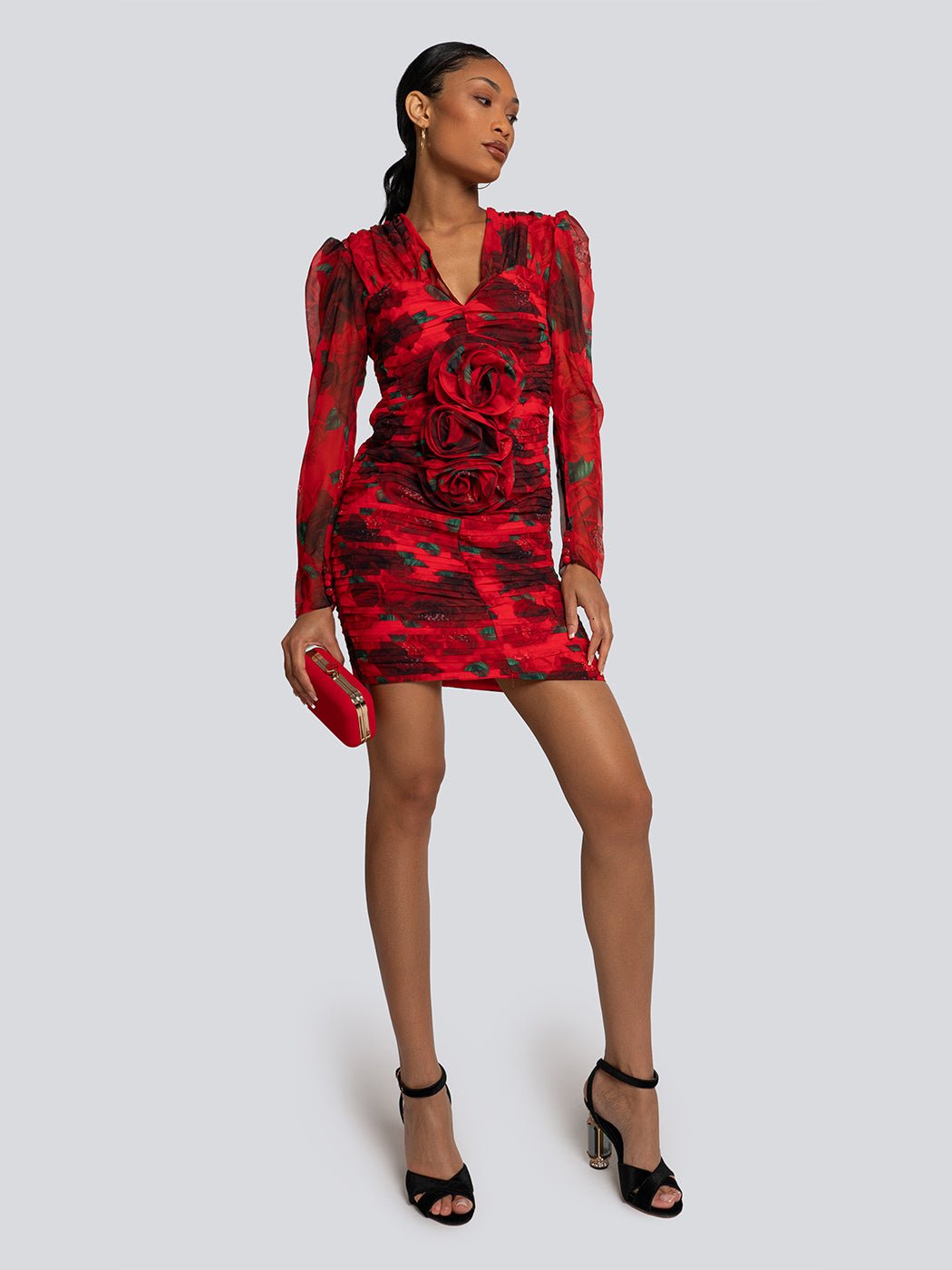 Hannah Ruched Floral Applique Bodycon Mini Dress - Glory Connection