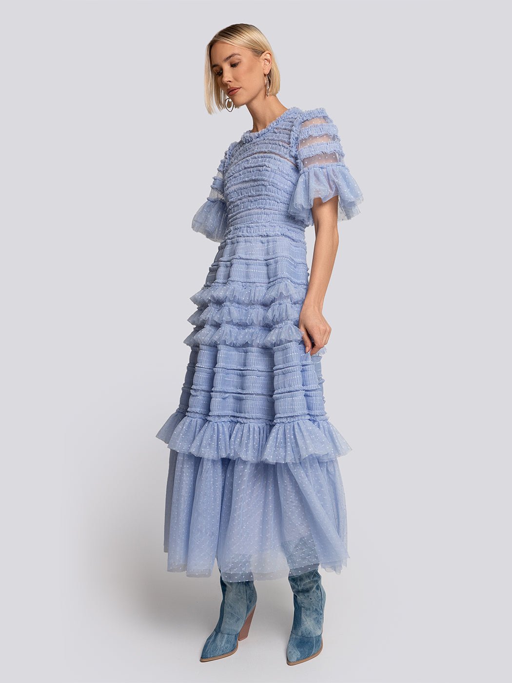 Harper Flutter Sleeve Tiered Midi Dress - Glory Connection