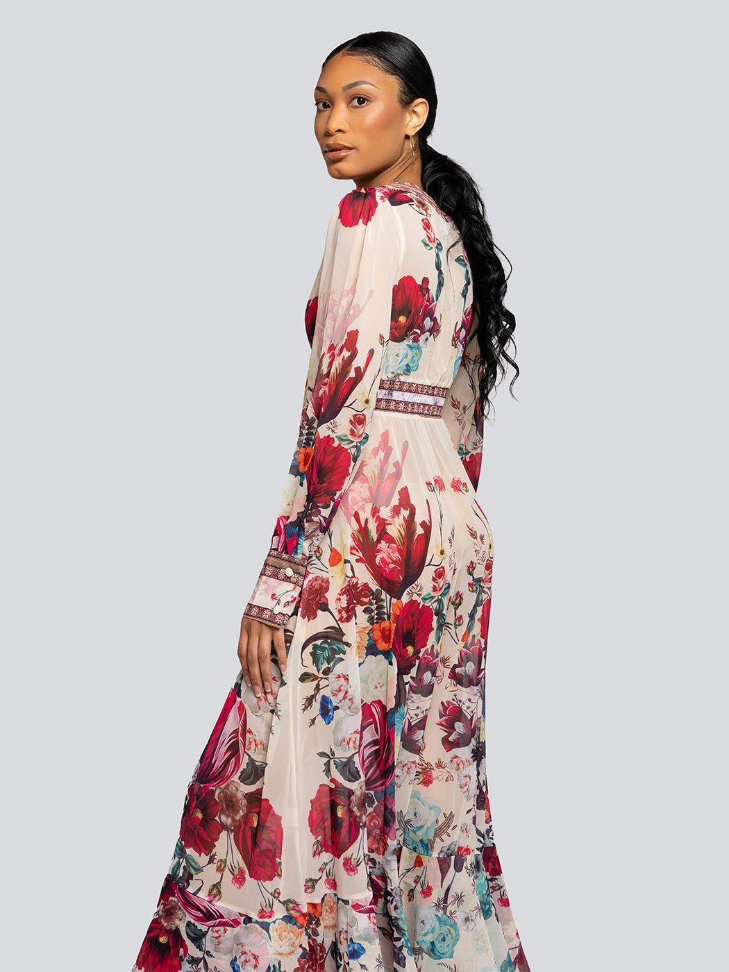 Hazel Floral Deep V Long Sleeve Tiered Maxi Dress - Glory Connection