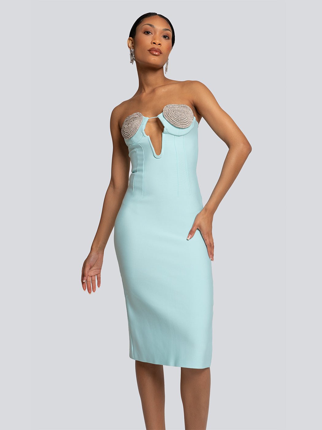 Heidi Beaded Accent Cut-Out Strapless Midi Dress - Glory Connection