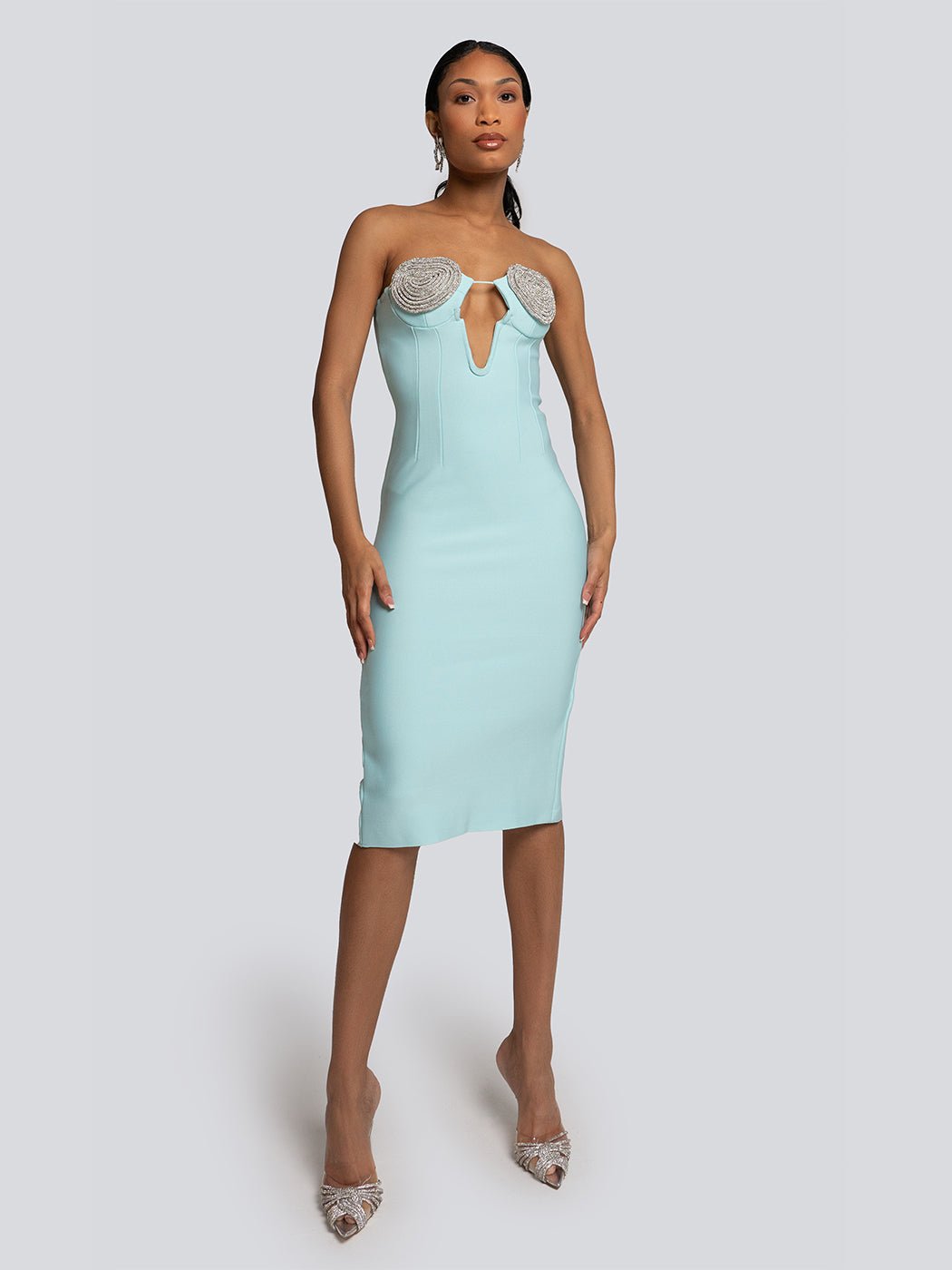 Heidi Beaded Accent Cut-Out Strapless Midi Dress - Glory Connection