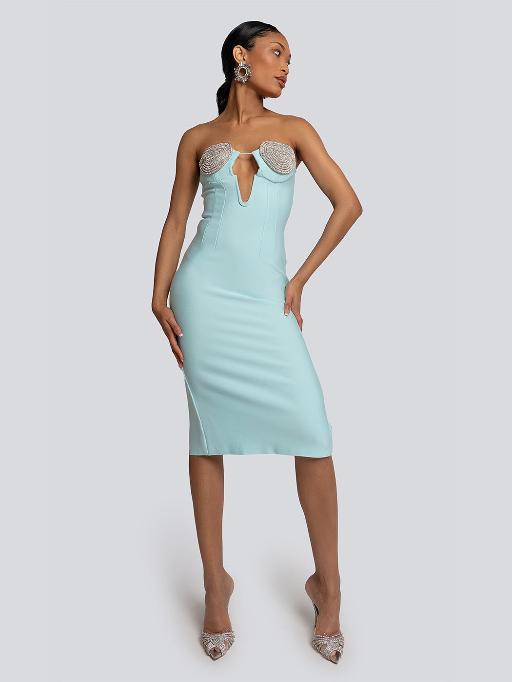 Heidi Beaded Accent Cut-Out Strapless Midi Dress - Glory Connection