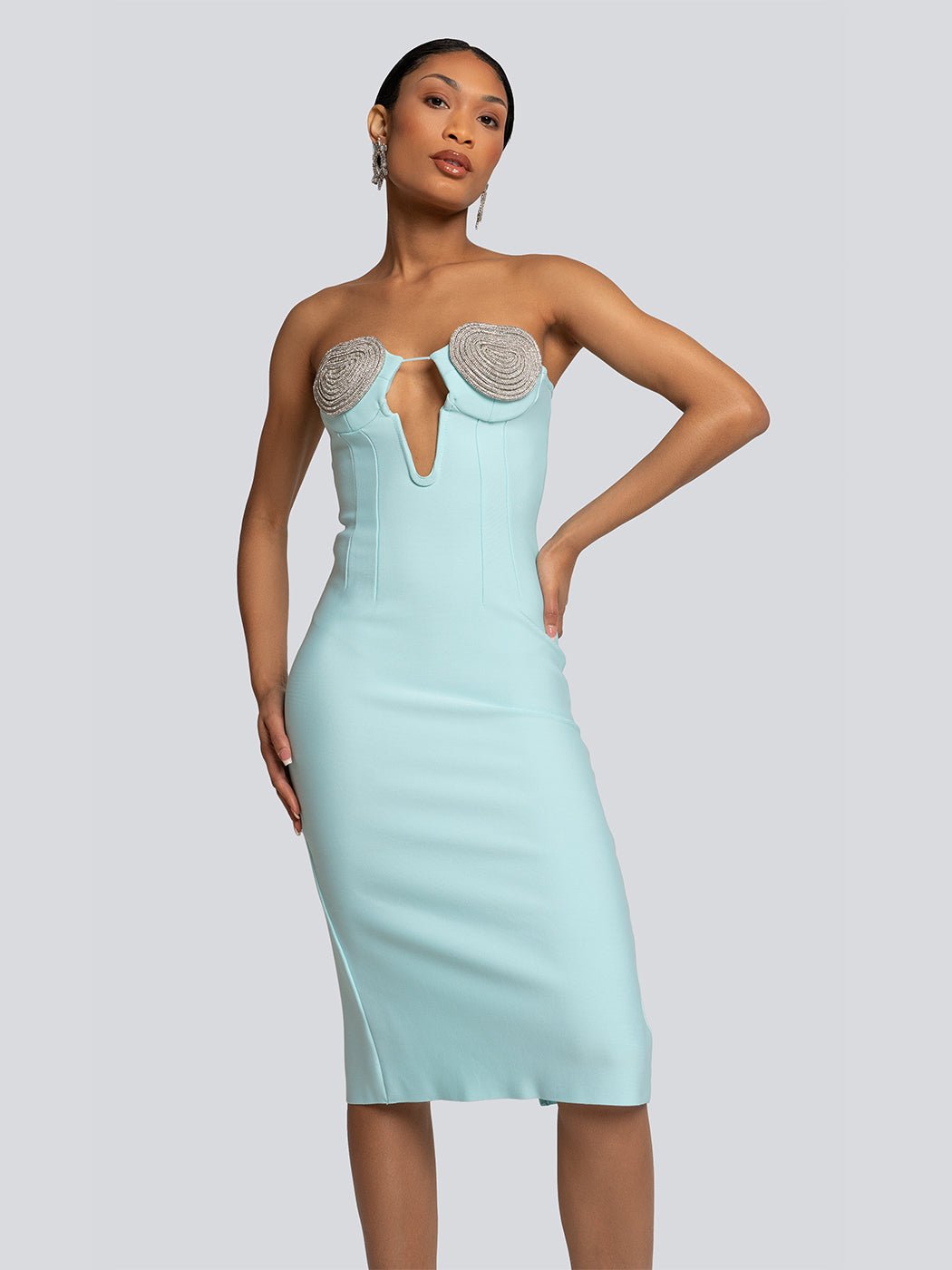 Heidi Beaded Accent Cut-Out Strapless Midi Dress - Glory Connection