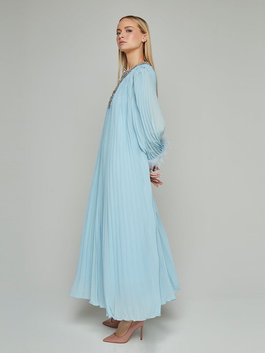 iman maxi dress Pleated Feathered Loose Dress, Blue / XS buymoresavemore Designed with a front Here's How You Can Size:Pre-order XL
