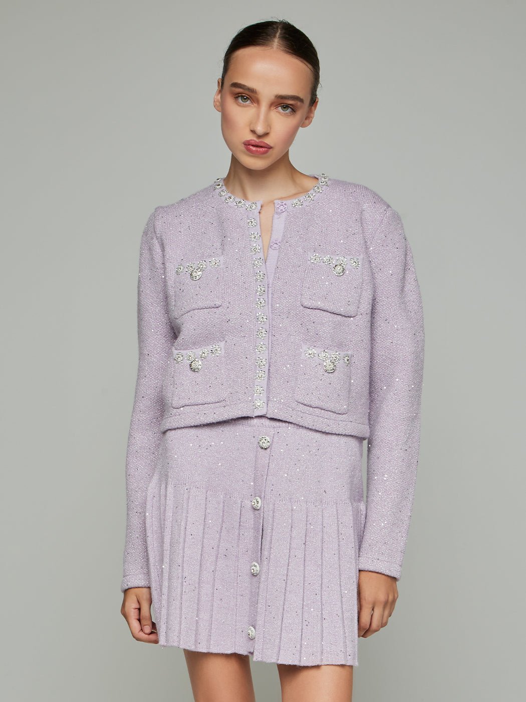 Imogen Beaded Cropped Jacket & Mini Skirt Set in lilac - Glory Connection