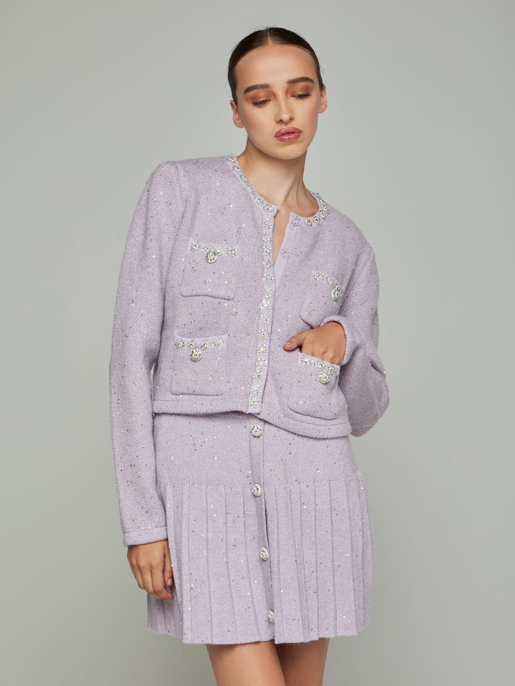 Imogen Beaded Cropped Jacket & Mini Skirt Set in lilac - Glory Connection
