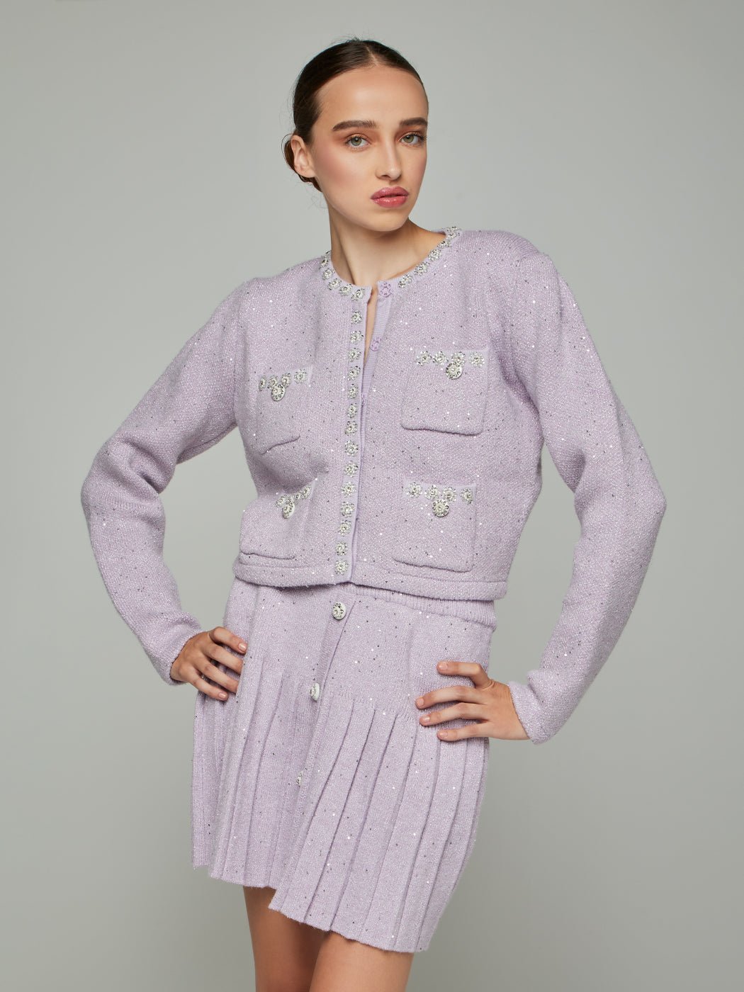 Imogen Beaded Cropped Jacket & Mini Skirt Set in lilac - Glory Connection