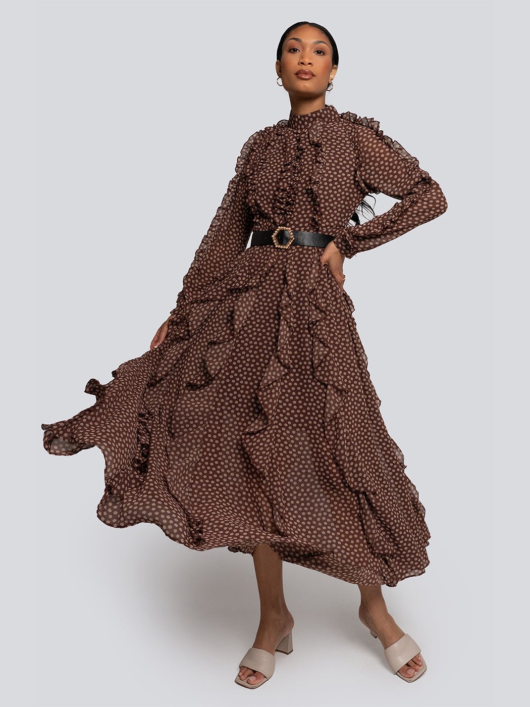 Ivy High Neck Polka Dot Ruffle Maxi Dress - Glory Connection