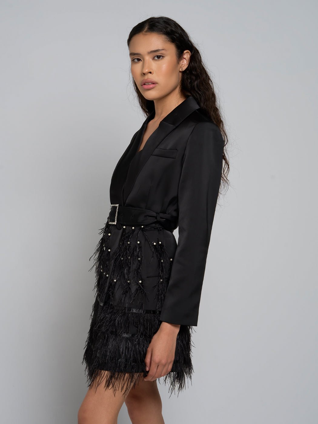 Jacqueline Belted Feathered Mini Dress - Glory Connection