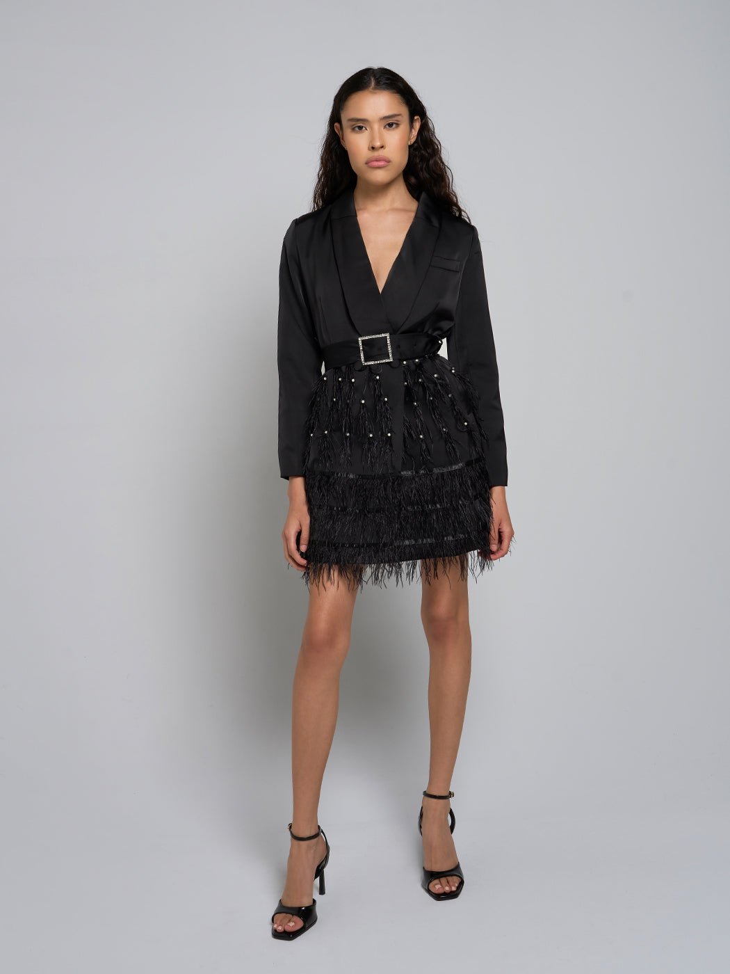 Jacqueline Belted Feathered Mini Dress - Glory Connection