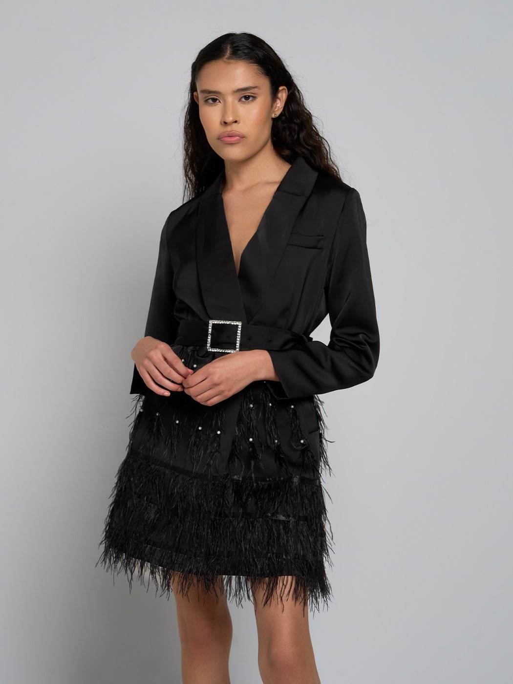 Jacqueline Belted Feathered Mini Dress - Glory Connection
