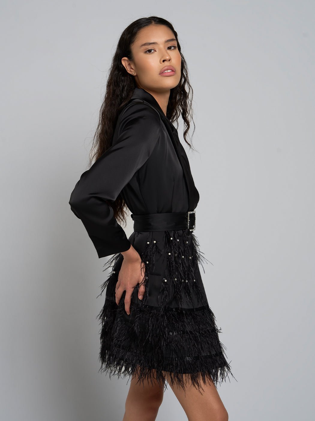 Jacqueline Belted Feathered Mini Dress - Glory Connection