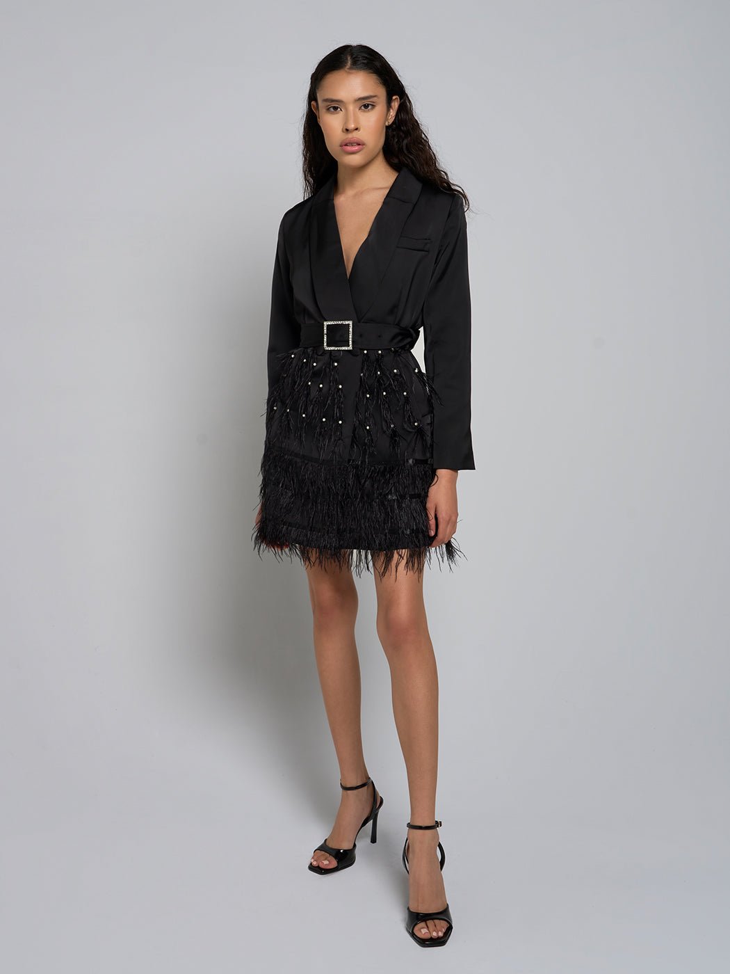 Jacqueline Belted Feathered Mini Dress - Glory Connection