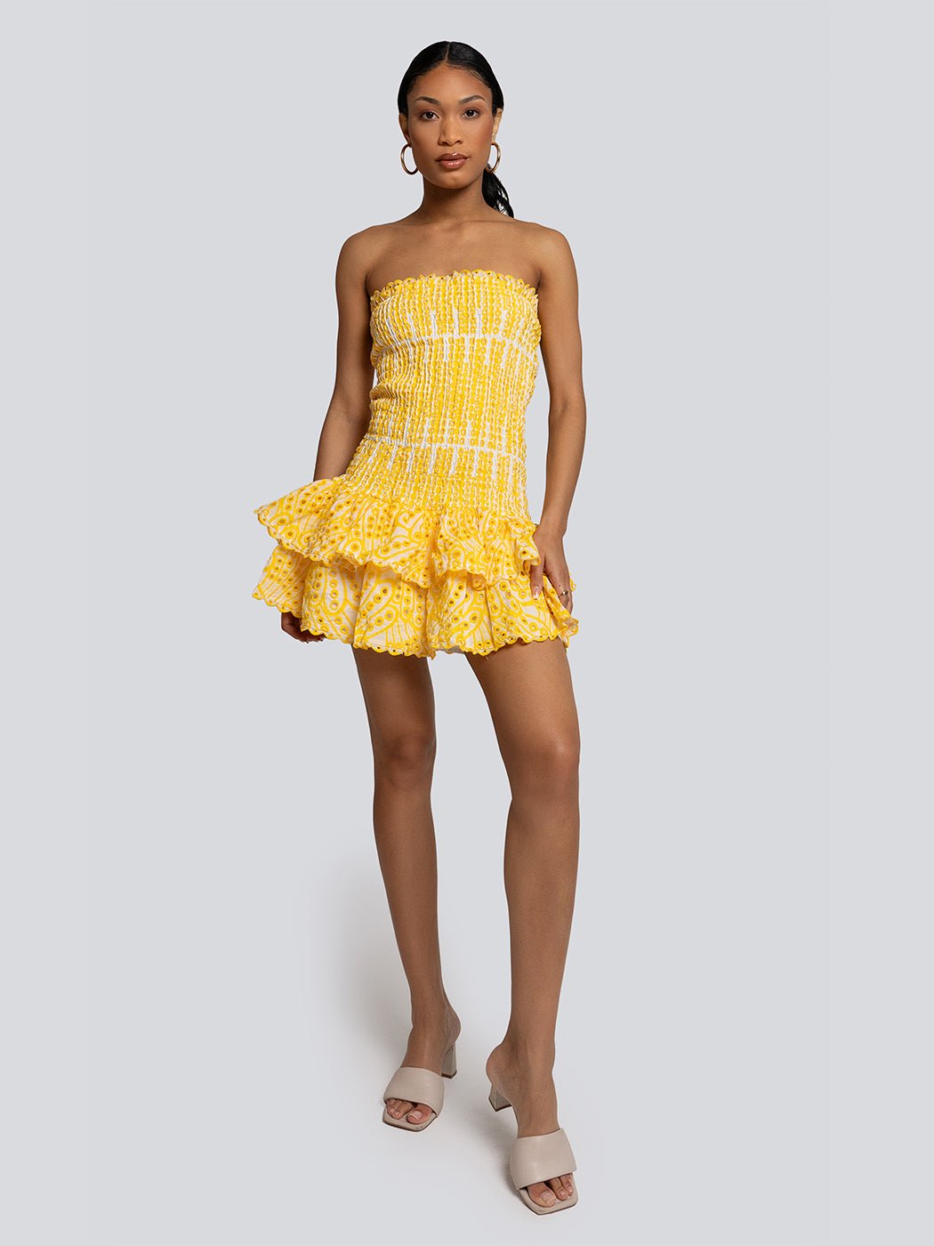 Janelle Smocked Bodice Bandeau Ruffle Mini Dress - Glory Connection