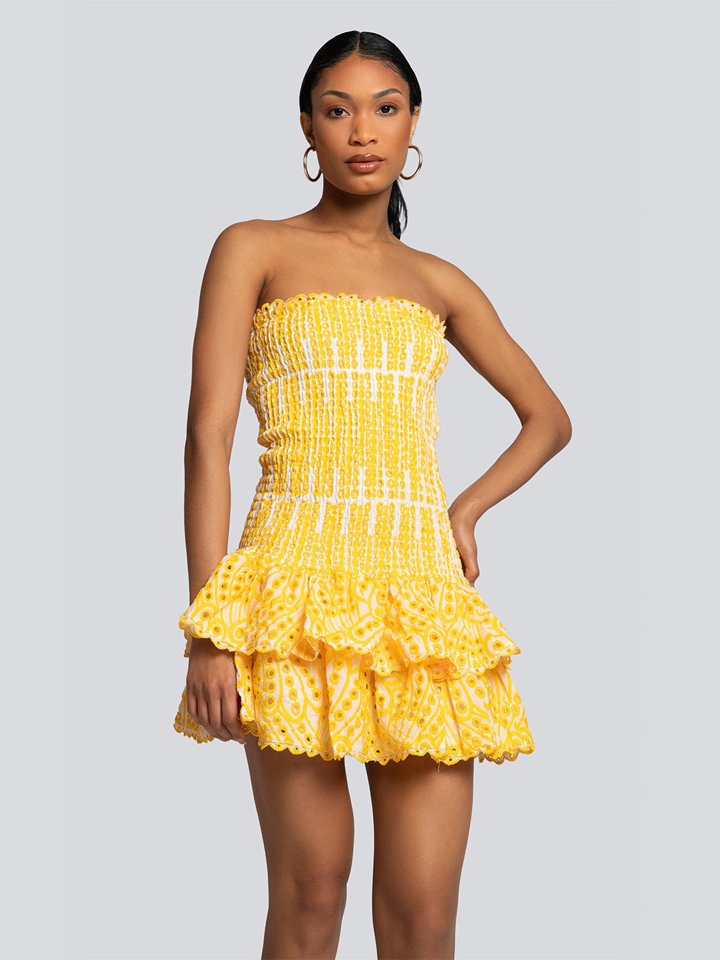 Janelle Smocked Bodice Bandeau Ruffle Mini Dress - Glory Connection