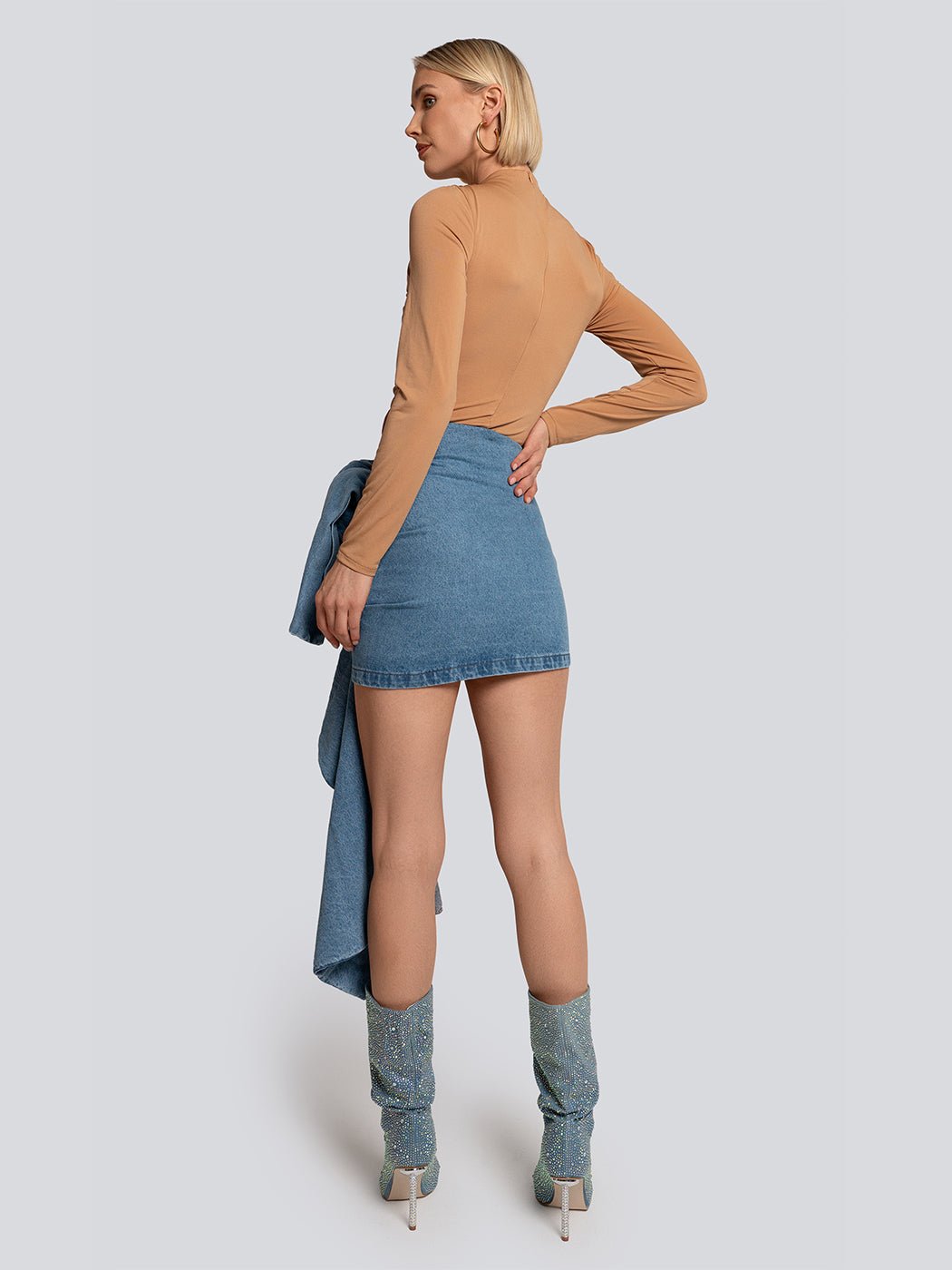 Kayla Rhinestone Embellished Stiletto Denim Mid Calf Boots - Glory Connection
