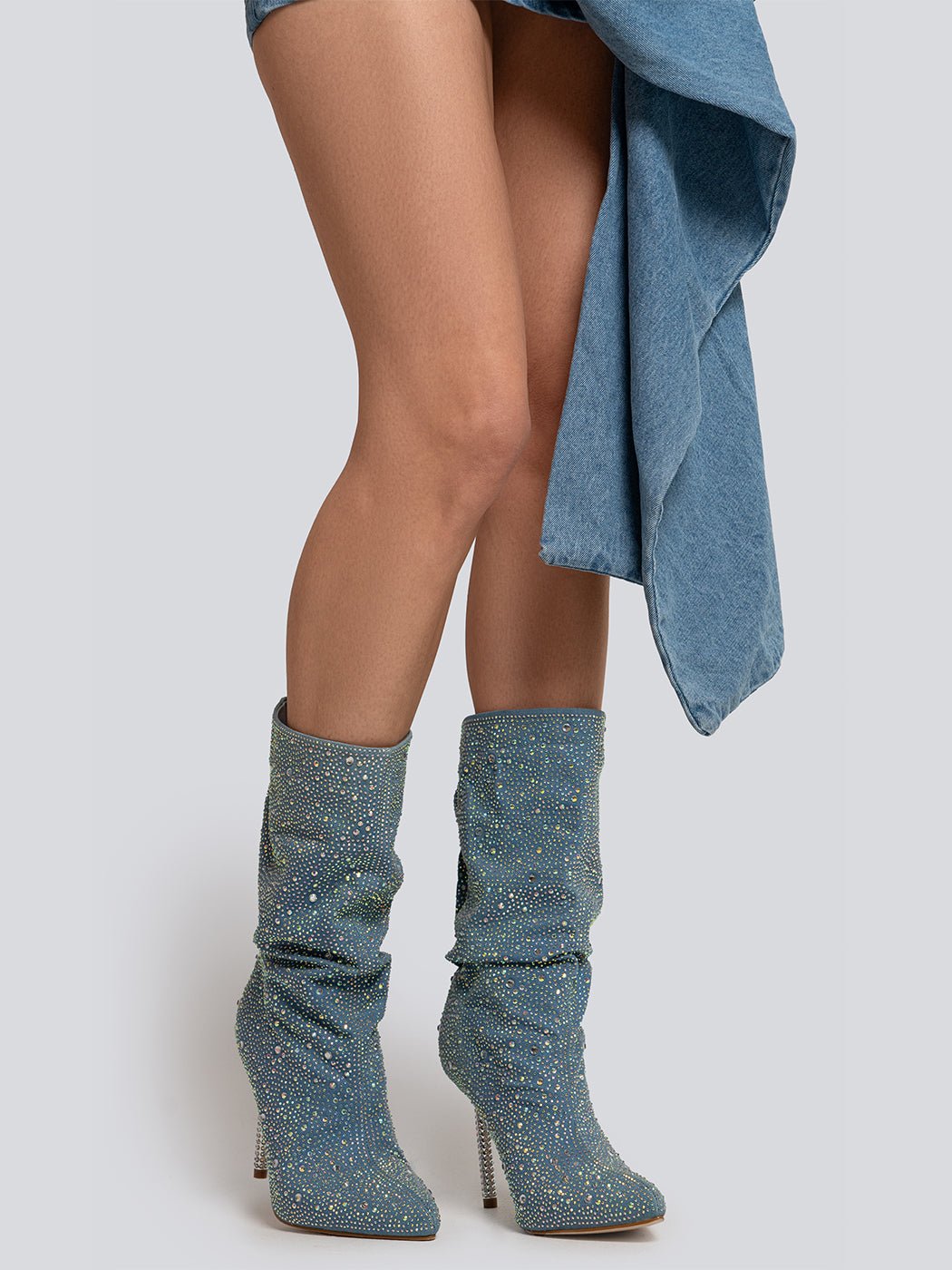 Kayla Rhinestone Embellished Stiletto Denim Mid Calf Boots - Glory Connection