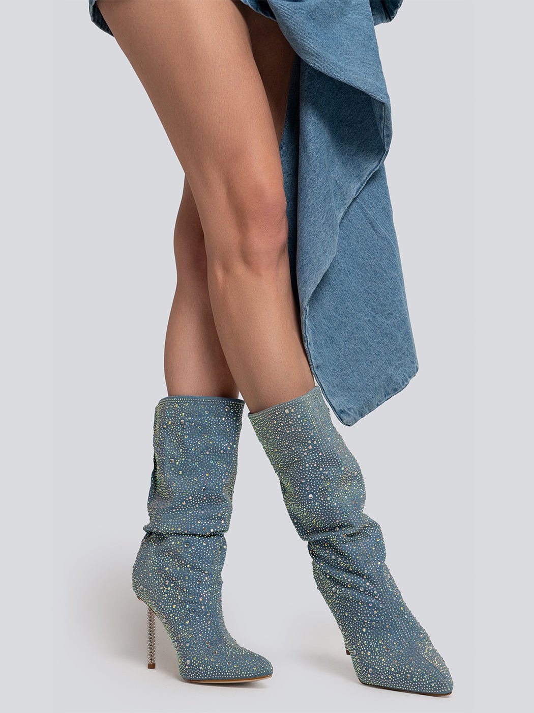 Kayla Rhinestone Embellished Stiletto Denim Mid Calf Boots - Glory Connection