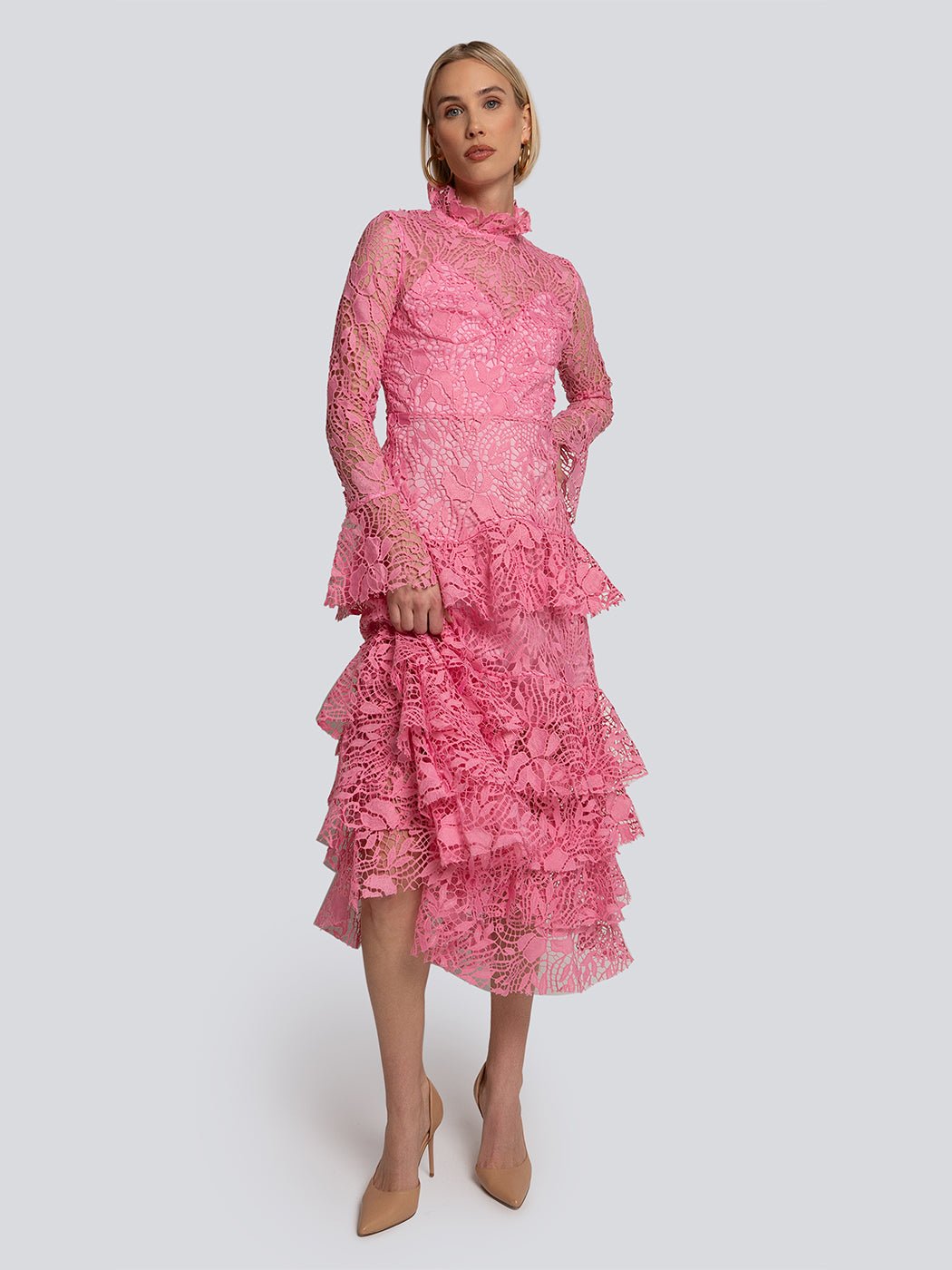 Lauren Tiered Lace Long Sleeve Turtleneck Midi Dress - Glory Connection
