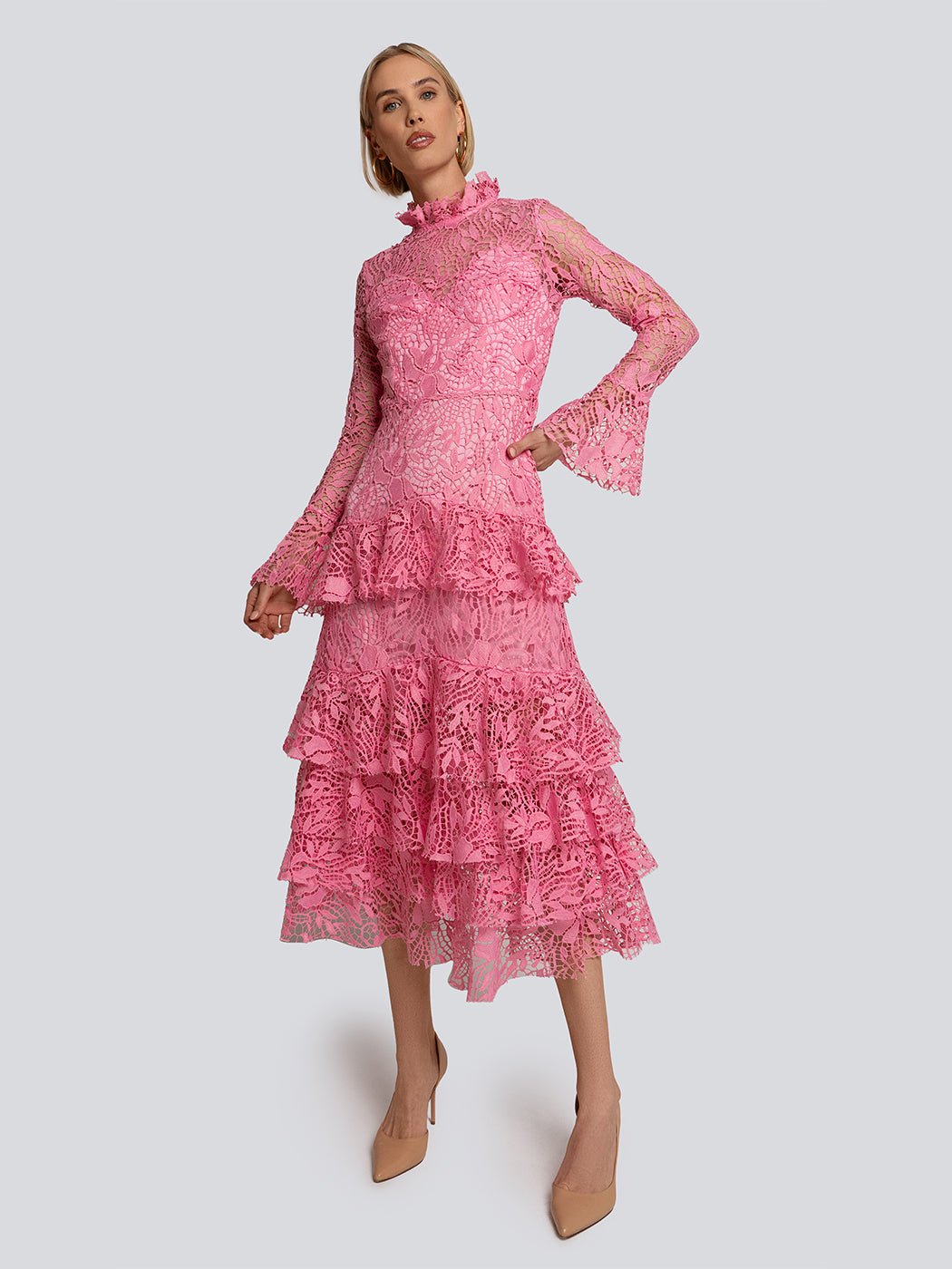 Lauren Tiered Lace Long Sleeve Turtleneck Midi Dress - Glory Connection