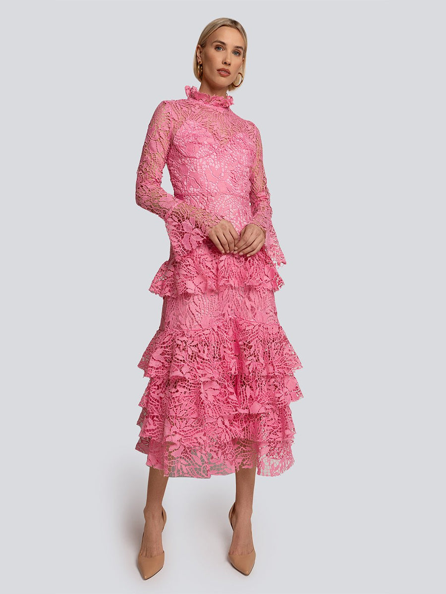 Lauren Tiered Lace Long Sleeve Turtleneck Midi Dress Glory Connection