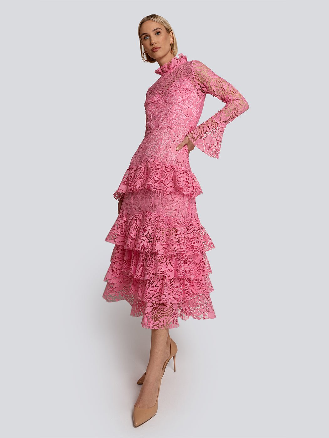 Lauren Tiered Lace Long Sleeve Turtleneck Midi Dress - Glory Connection