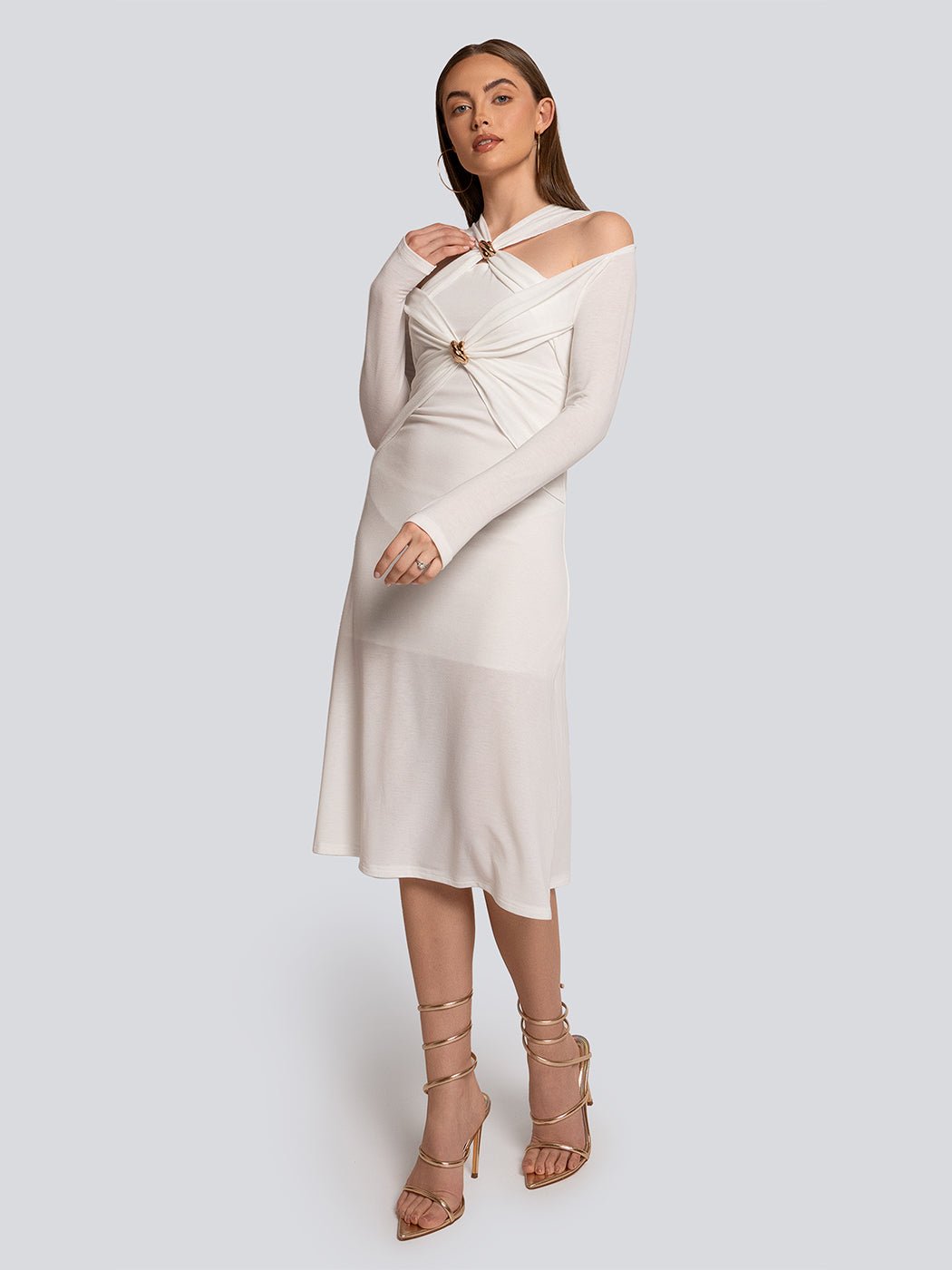 Layla Off Shoulder Zip BackTwist Midi Dress - Glory Connection
