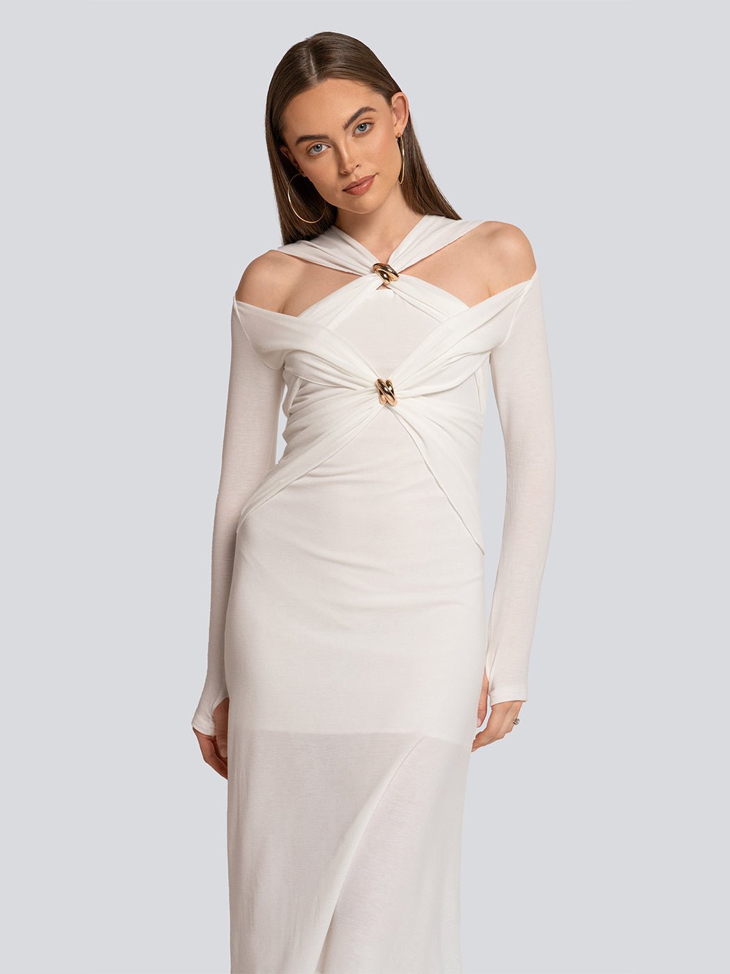 Layla Off Shoulder Zip BackTwist Midi Dress - Glory Connection