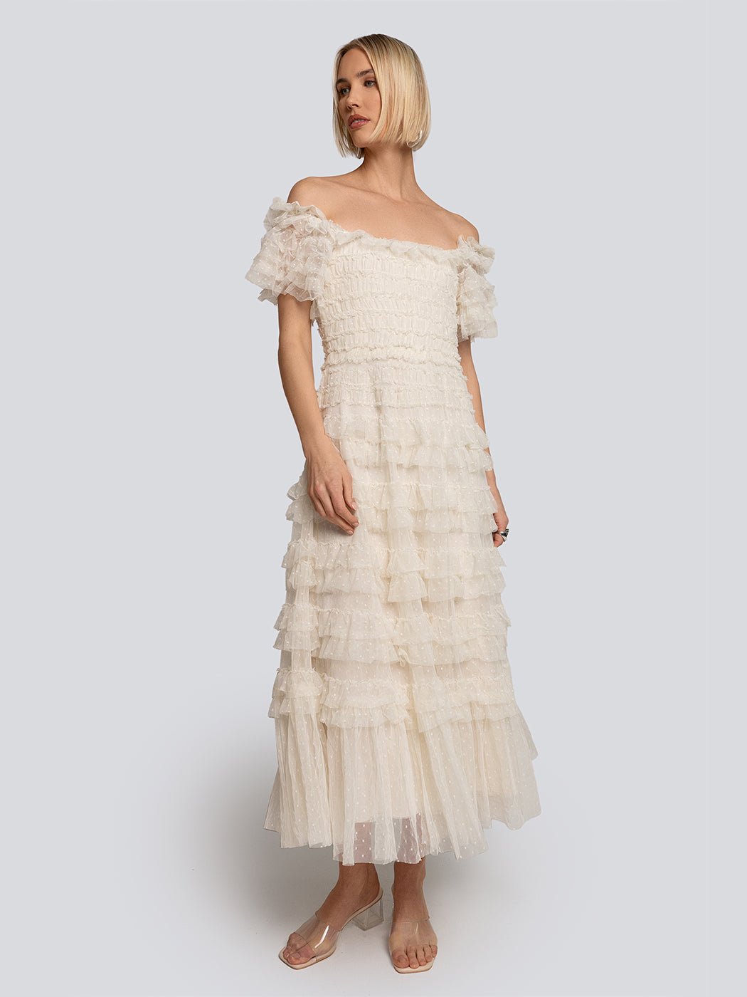 Leah Tiered Ruffle Off Shoulder Midi Dress - Glory Connection