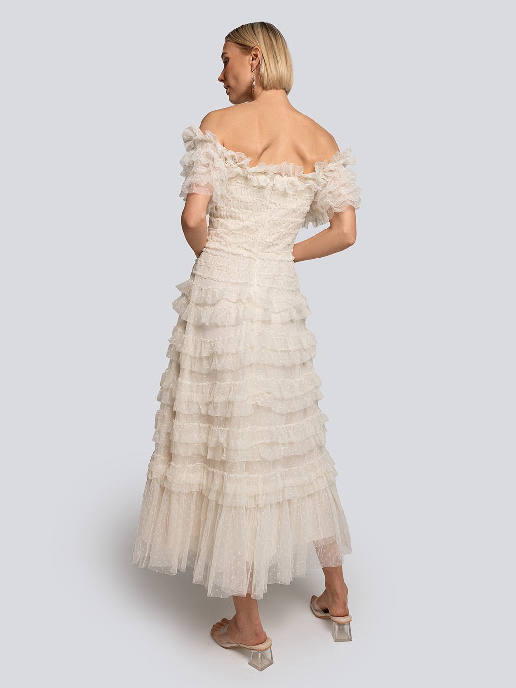 Leah Tiered Ruffle Off Shoulder Midi Dress - Glory Connection