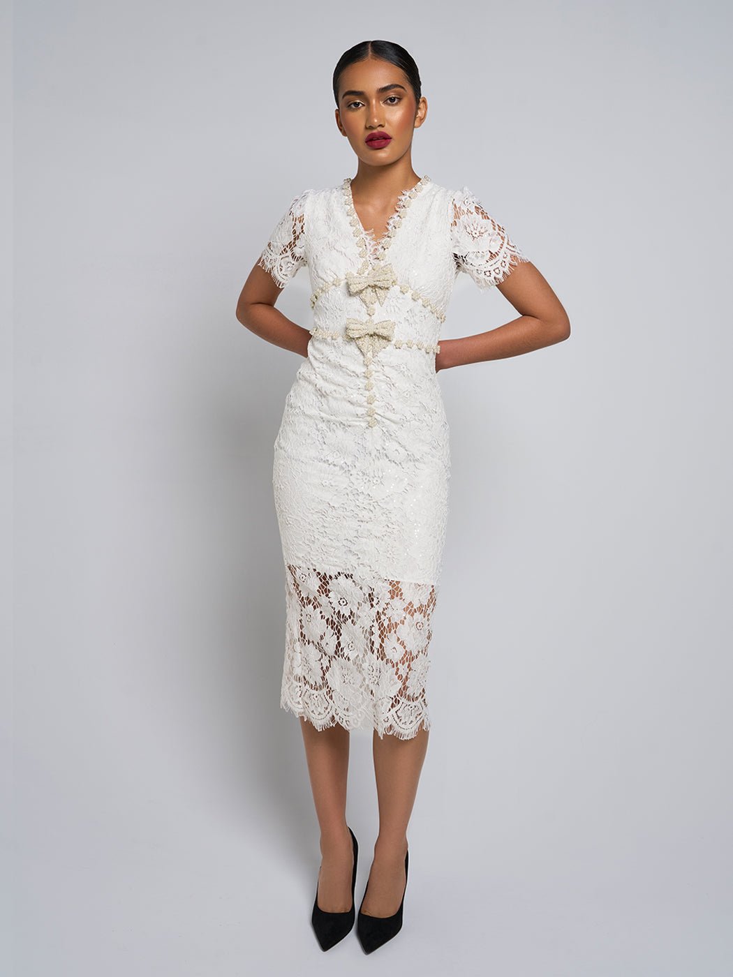 Lizzie Bow Lace Midi Dress - Glory Connection