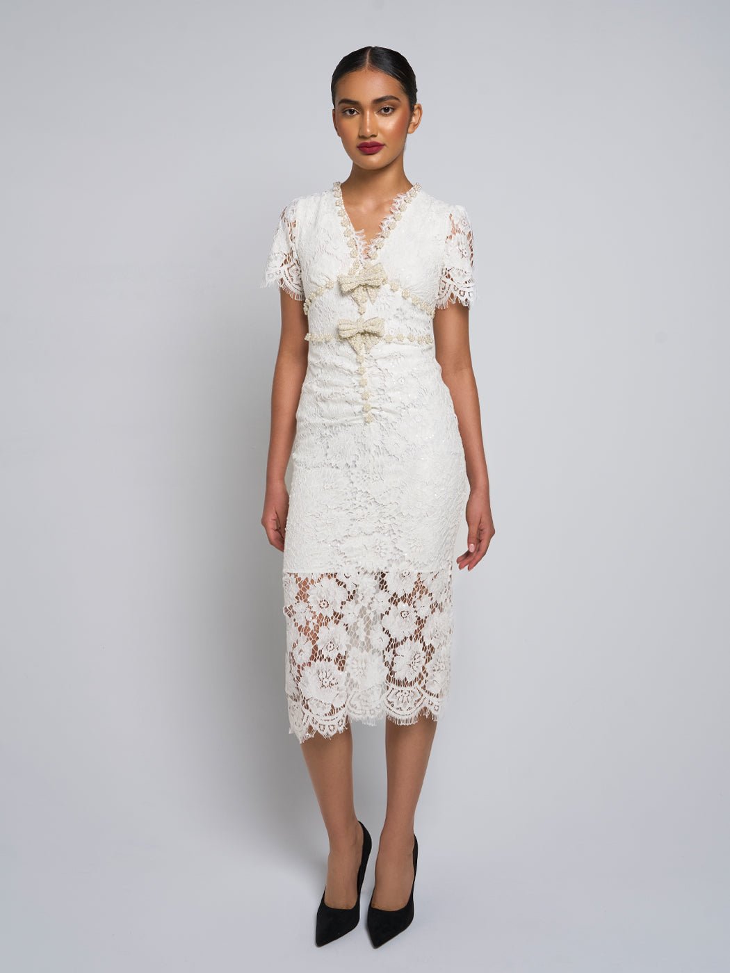Lizzie Bow Lace Midi Dress - Glory Connection