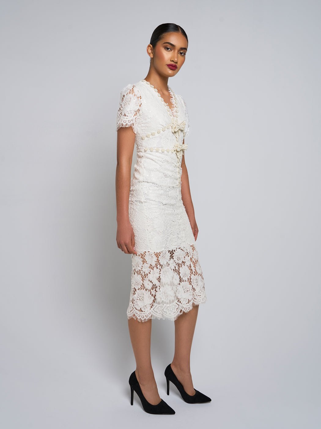 Lizzie Bow Lace Midi Dress - Glory Connection