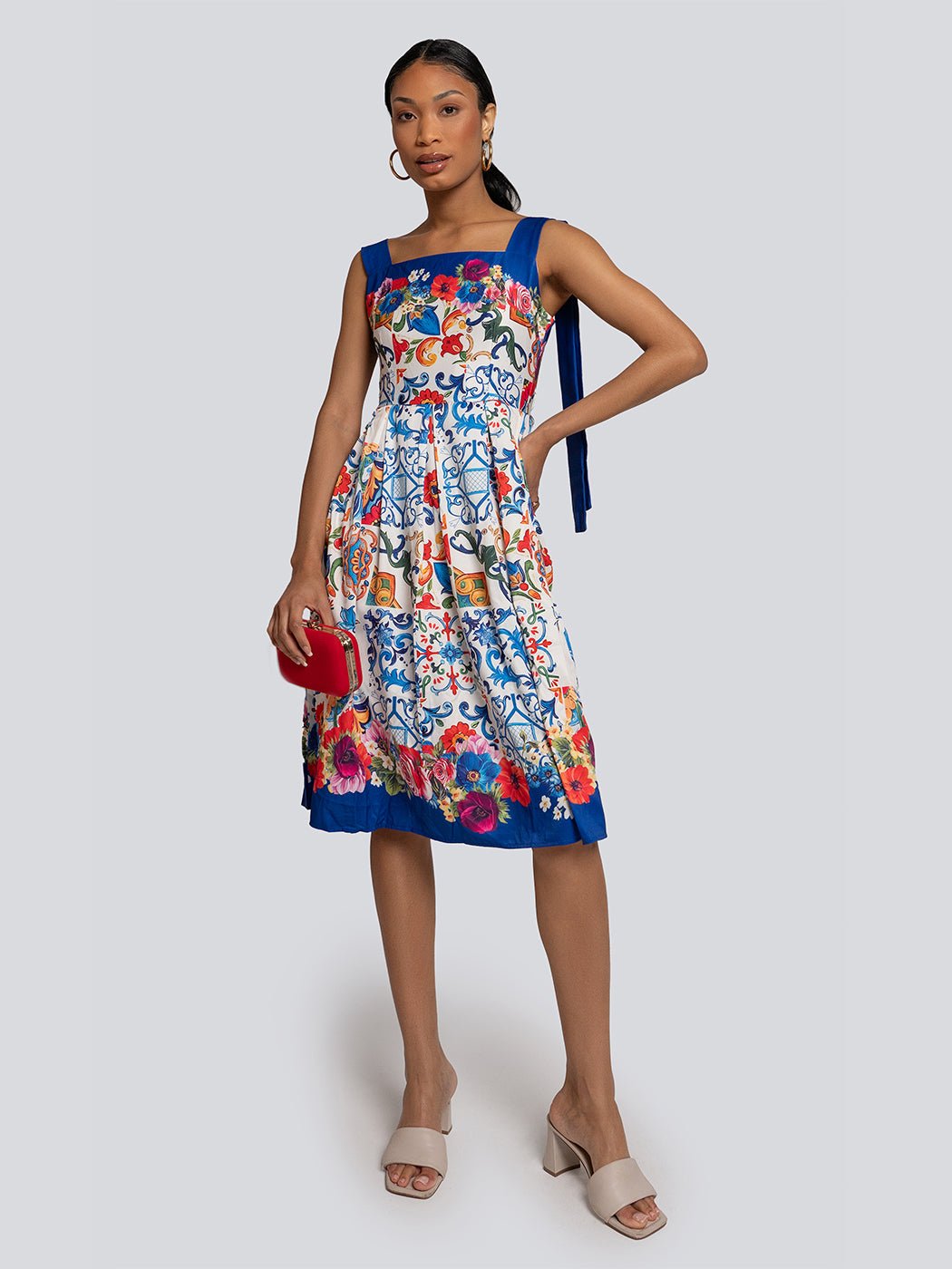London Floral Patterned Bow Strap Midi Dress - Glory Connection