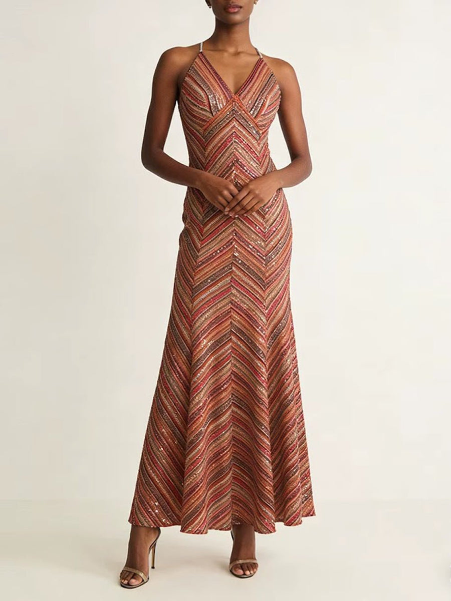 Lucia Chevron Halter Maxi Dress