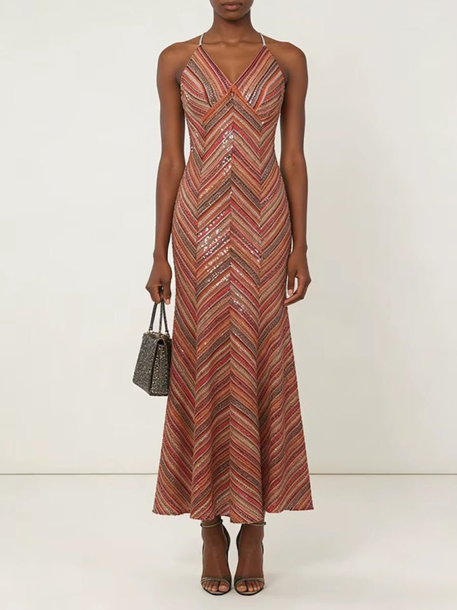 Lucia Chevron Halter Maxi Dress