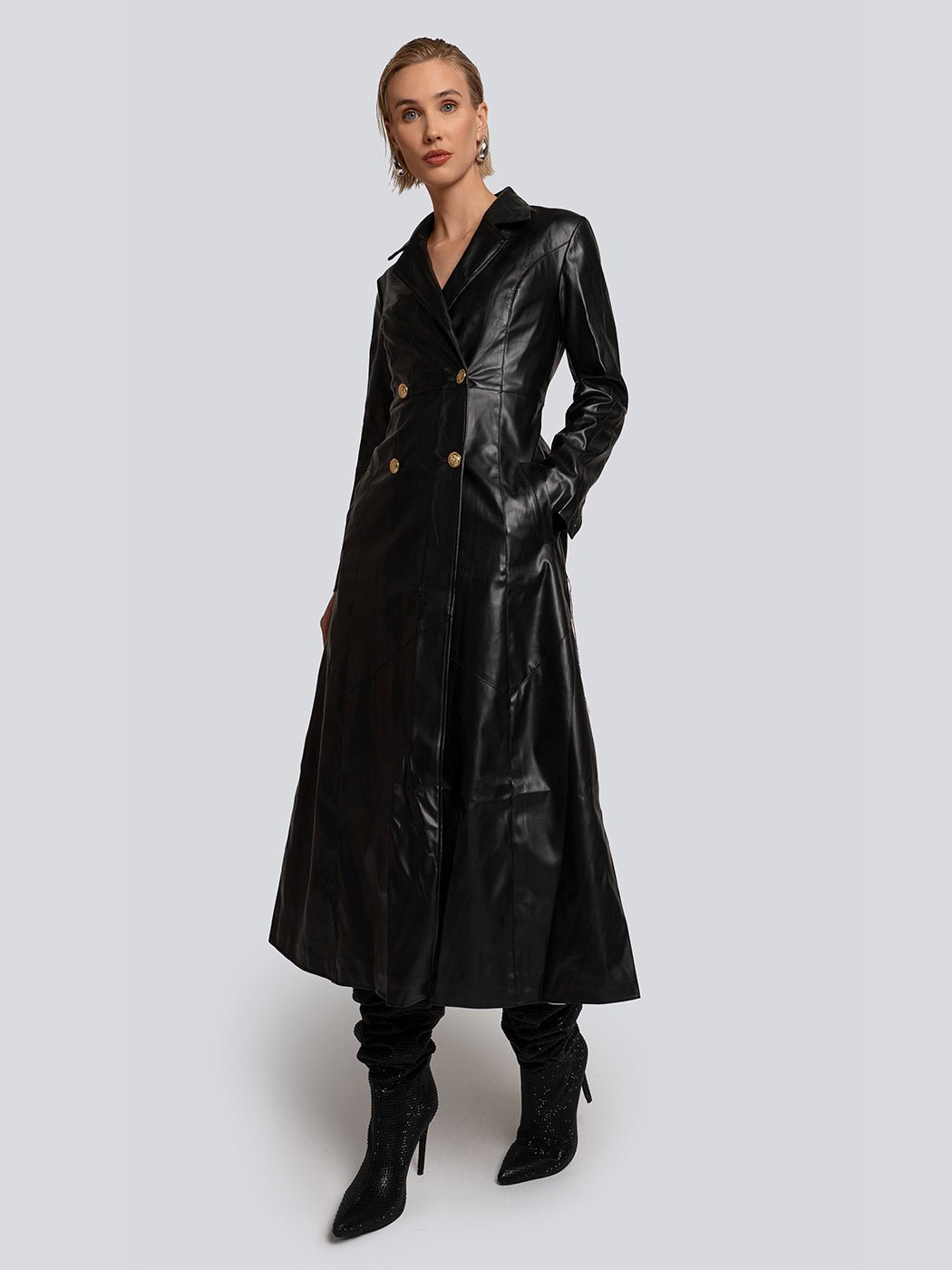 Lydia Double-Breasted Button Back Leather Trench Coat - Glory Connection