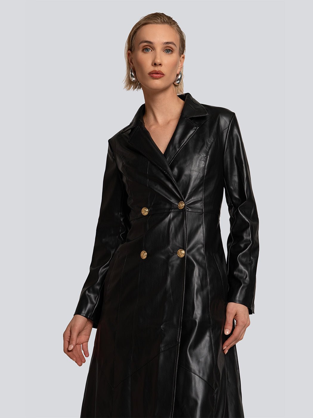 Lydia Double-Breasted Button Back Leather Trench Coat - Glory Connection