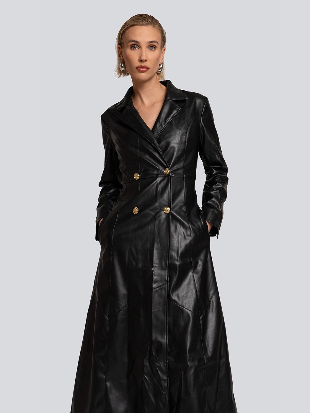 Lydia Double-Breasted Button Back Leather Trench Coat - Glory Connection