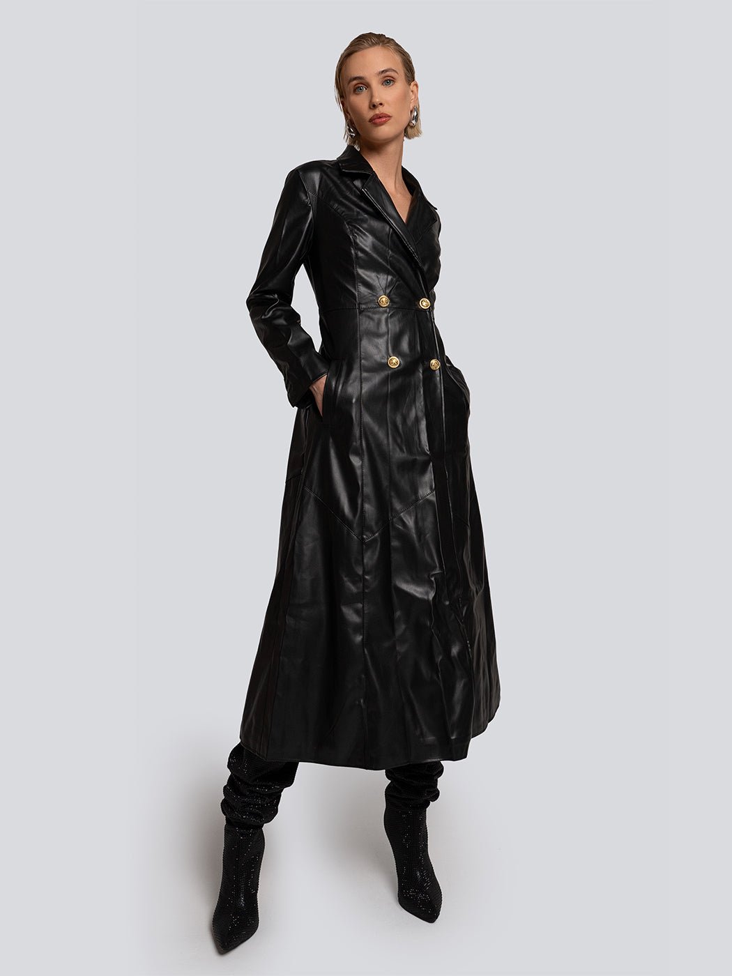 Lydia Double-Breasted Button Back Leather Trench Coat - Glory Connection
