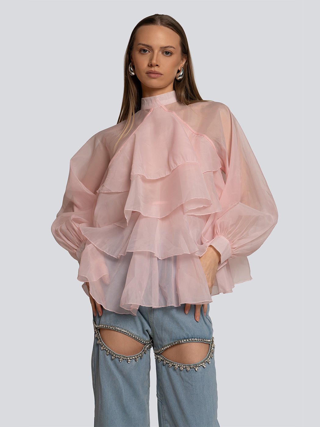 Naomi Cascading Sheer Ruffle High Neck Top - Glory Connection