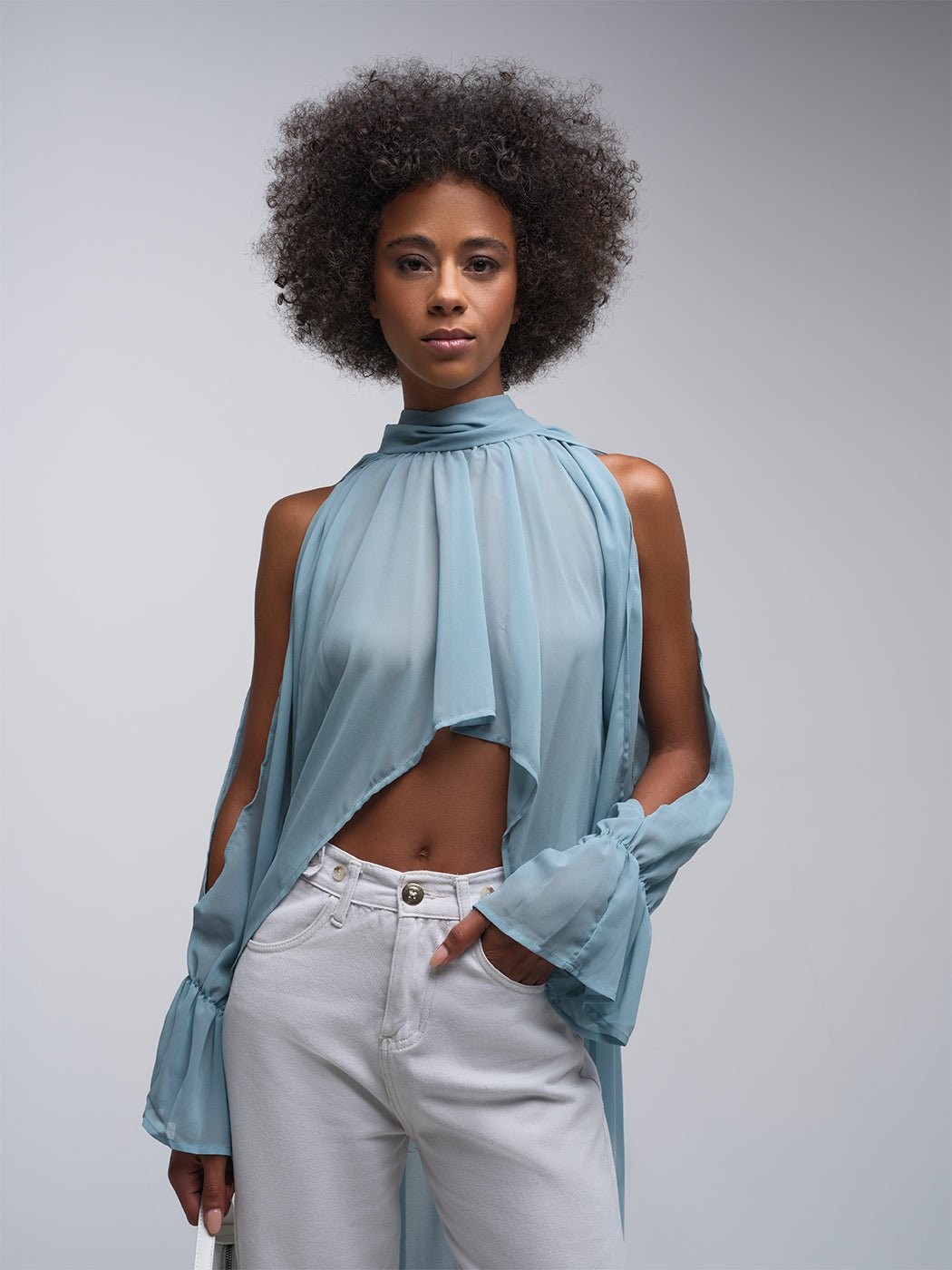 Naya Cold Shoulder Slit Sleeves Satin Top - Glory Connection