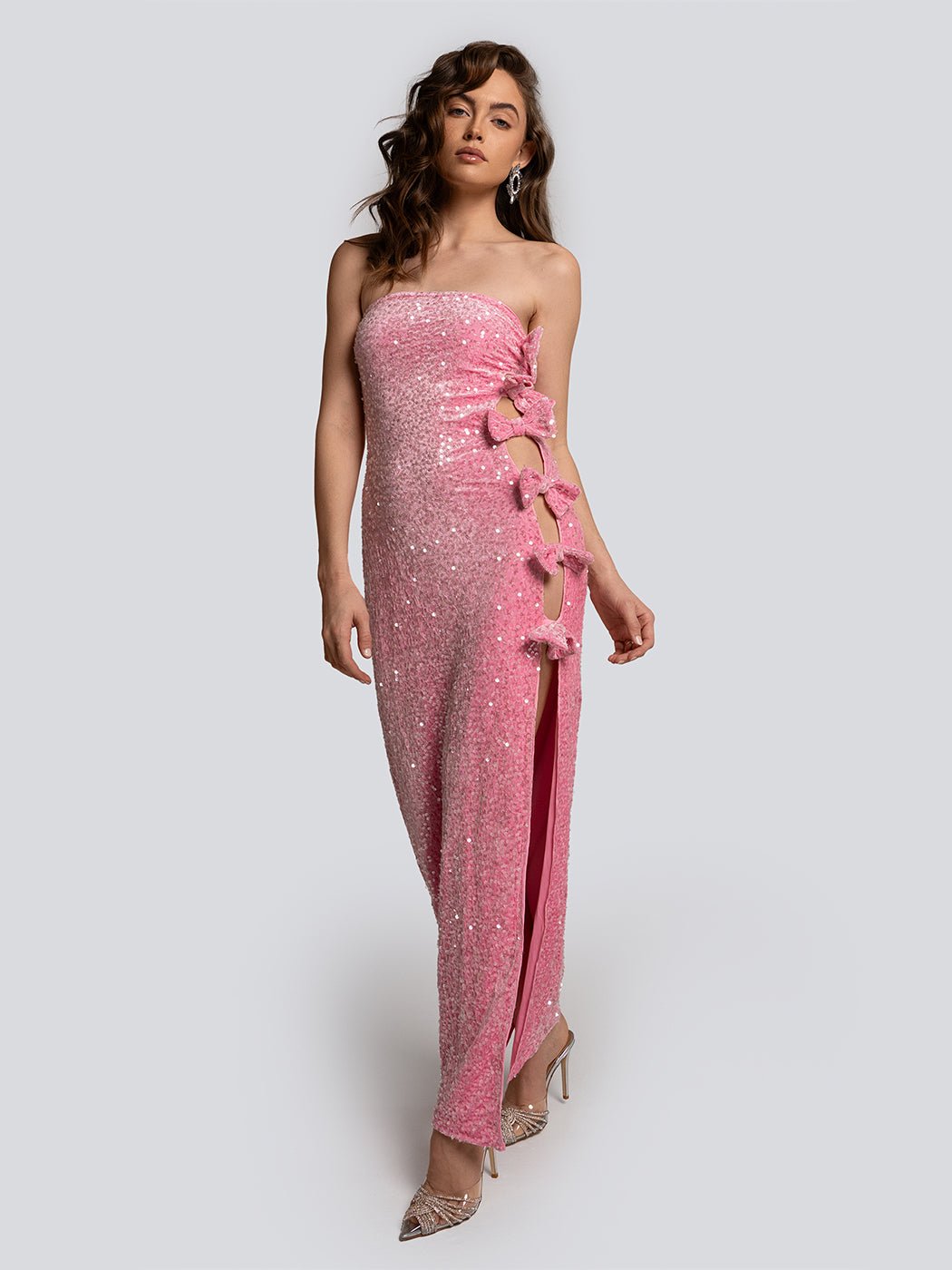 Nicole Bow Sequin High Slit Strapless Maxi Dress - Glory Connection