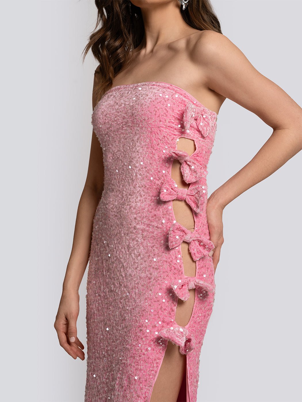 Nicole Bow Sequin High Slit Strapless Maxi Dress - Glory Connection