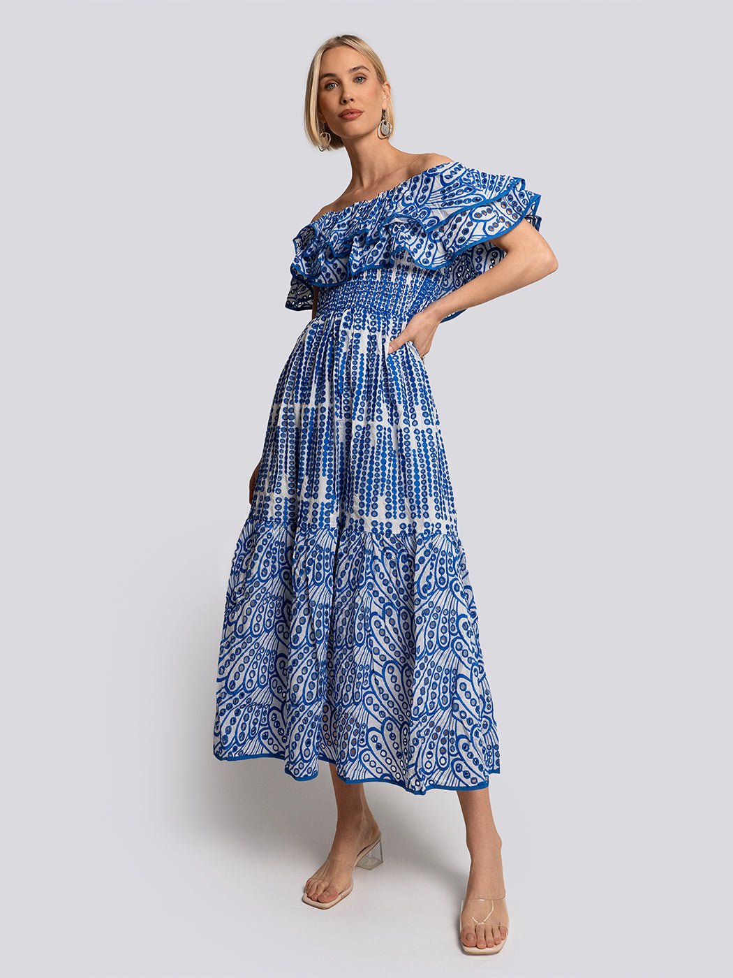 Olivia Off Shoulder Tiered Ruffle Midi Dress - Glory Connection