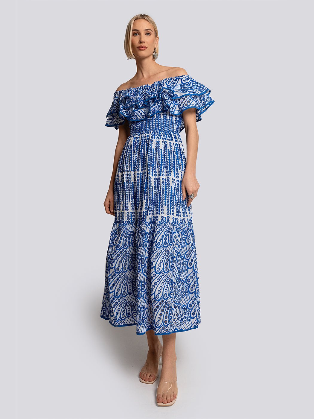 Olivia Off Shoulder Tiered Ruffle Midi Dress - Glory Connection
